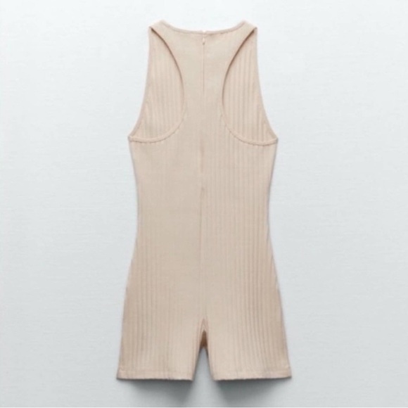 Zara Racerback Ribbed Knit Oatmeal Cream Tan Sleeveless Romper Cat Suit sz Med - Picture 3 of 9